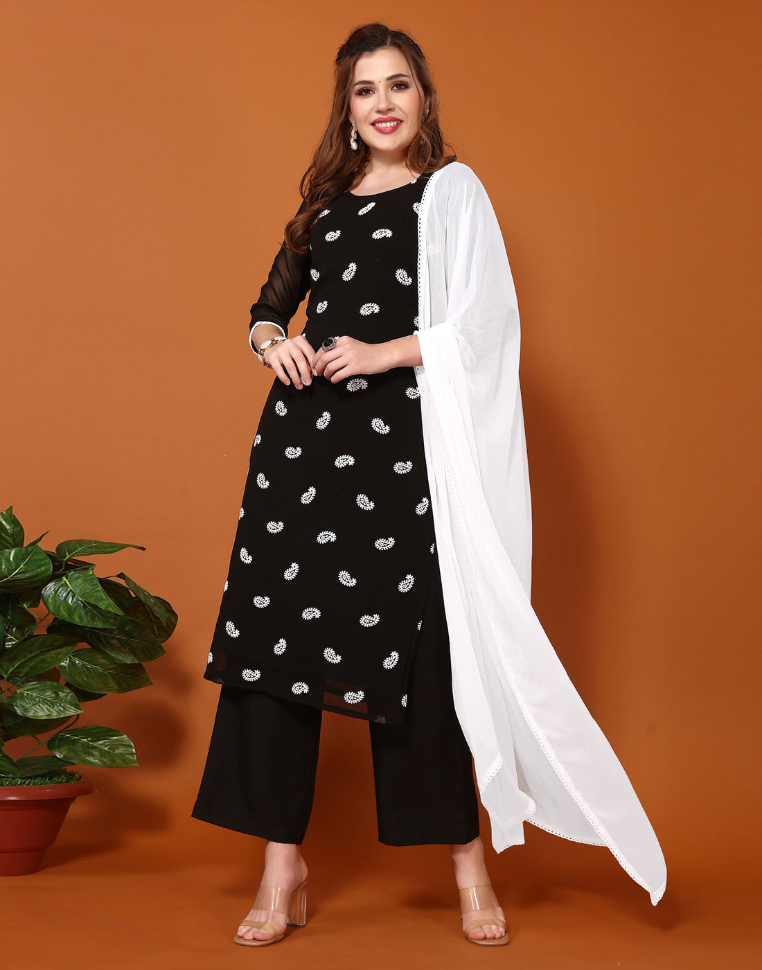 Black Printed Georgette Straight Kurta Set With Dupatta