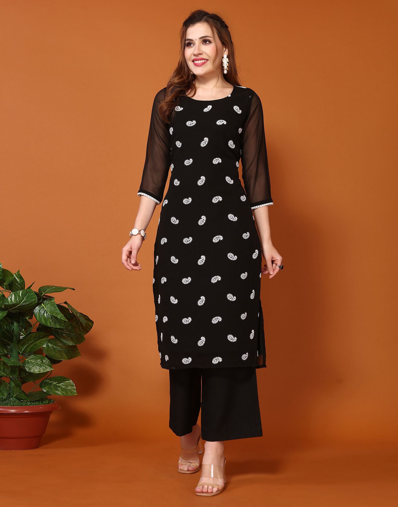 Black Printed Georgette Straight Kurta Set With Dupatta