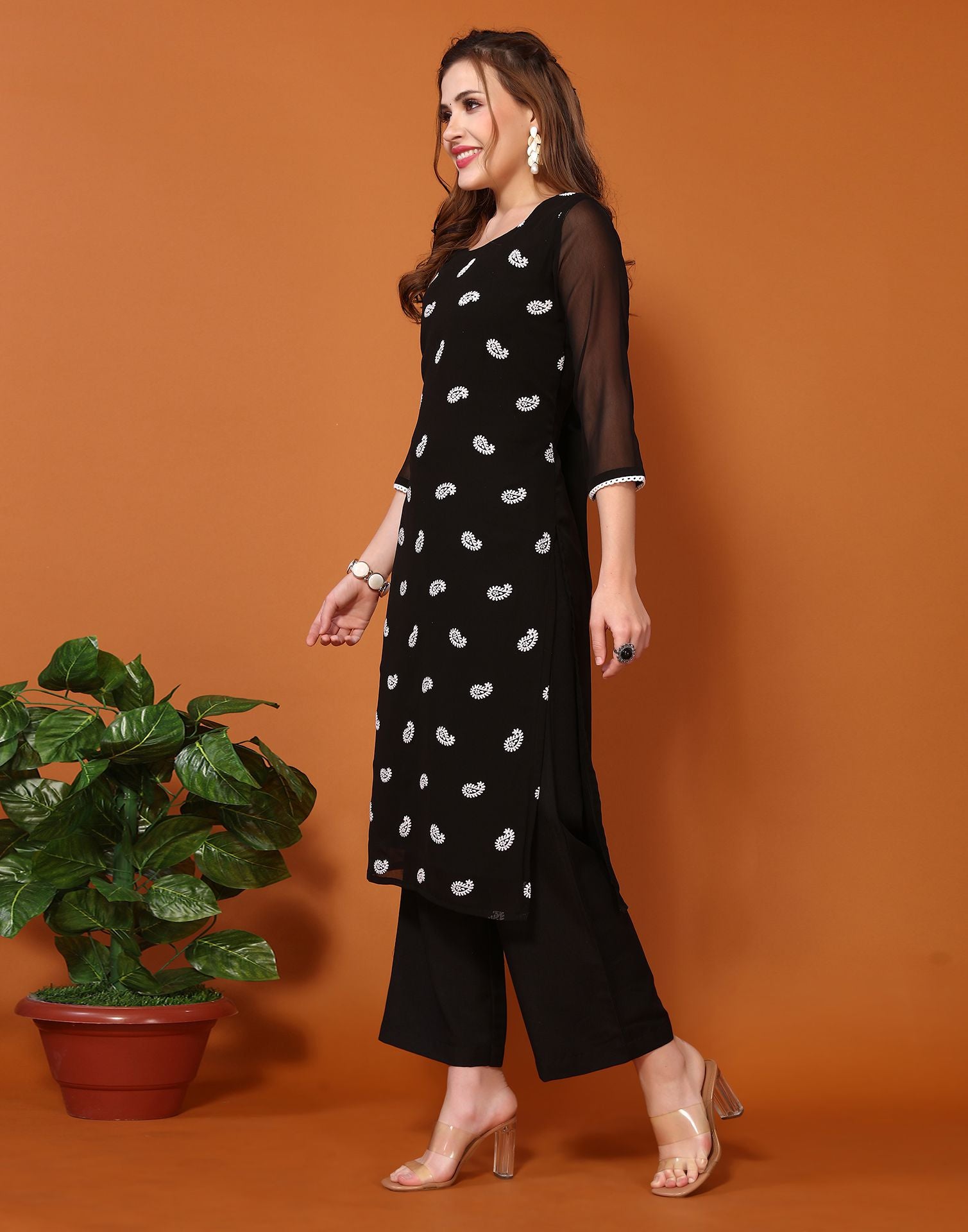 Black Printed Georgette Straight Kurta Set With Dupatta