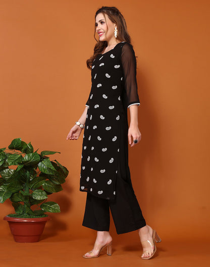 Black Printed Georgette Straight Kurta Set With Dupatta