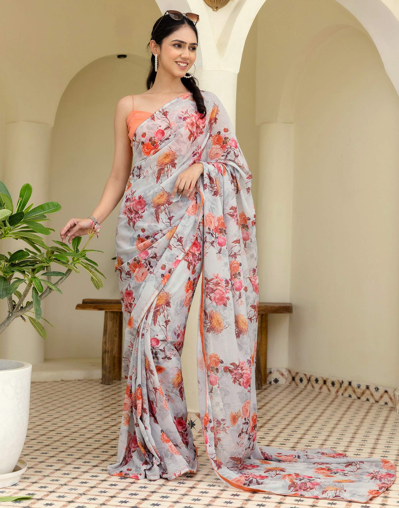 Ready To Wear Multicoloured Georgette Floral Printed Saree