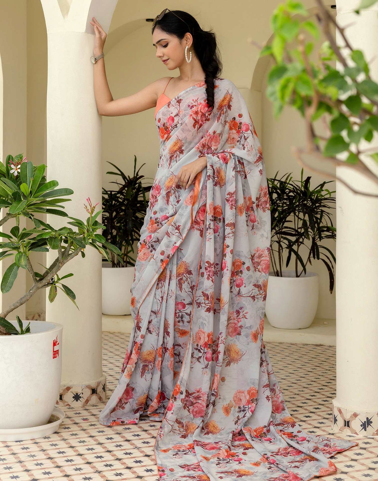 Ready To Wear Multicoloured Georgette Floral Printed Saree