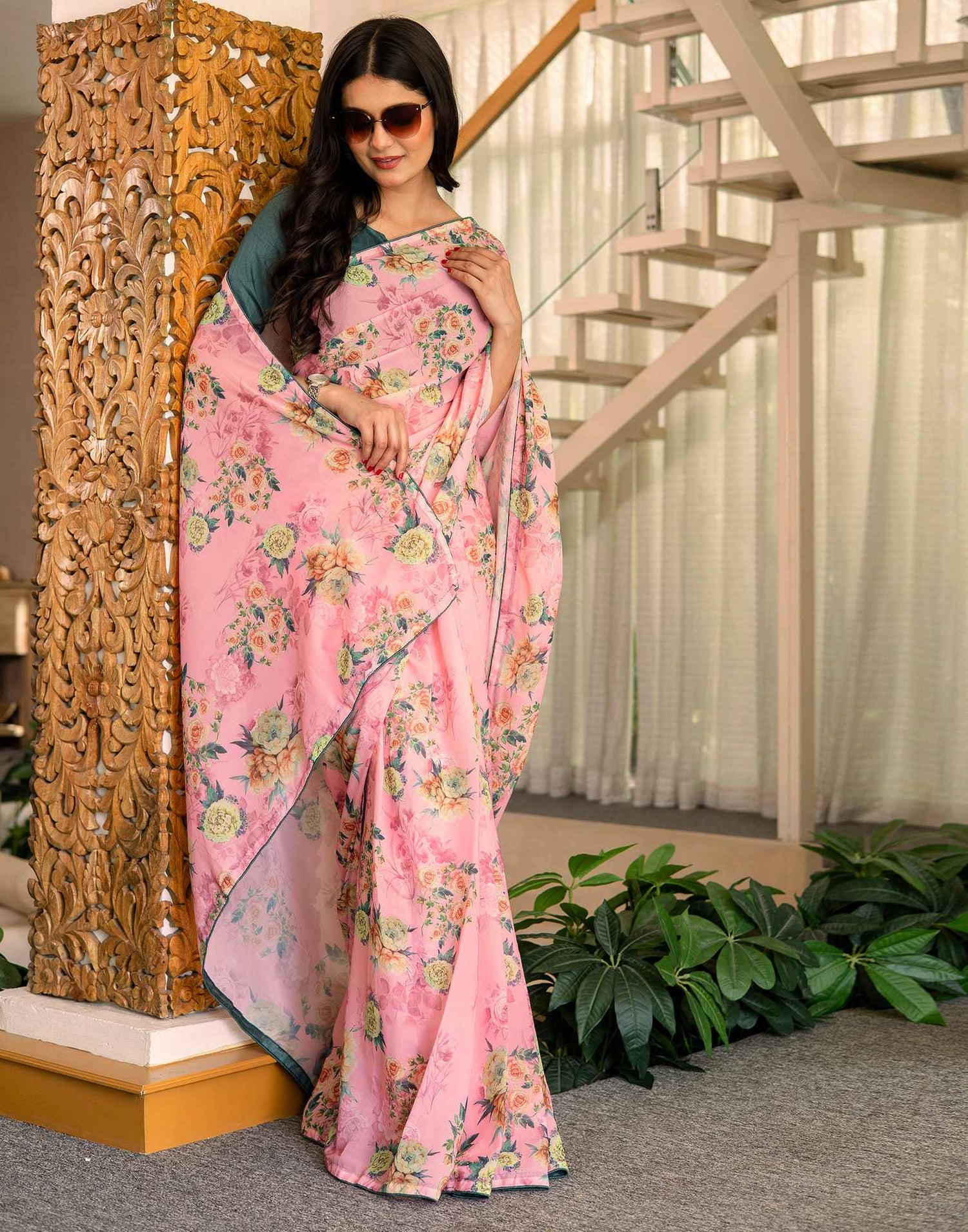 Ready To Wear Multicoloured Georgette Floral Printed Saree