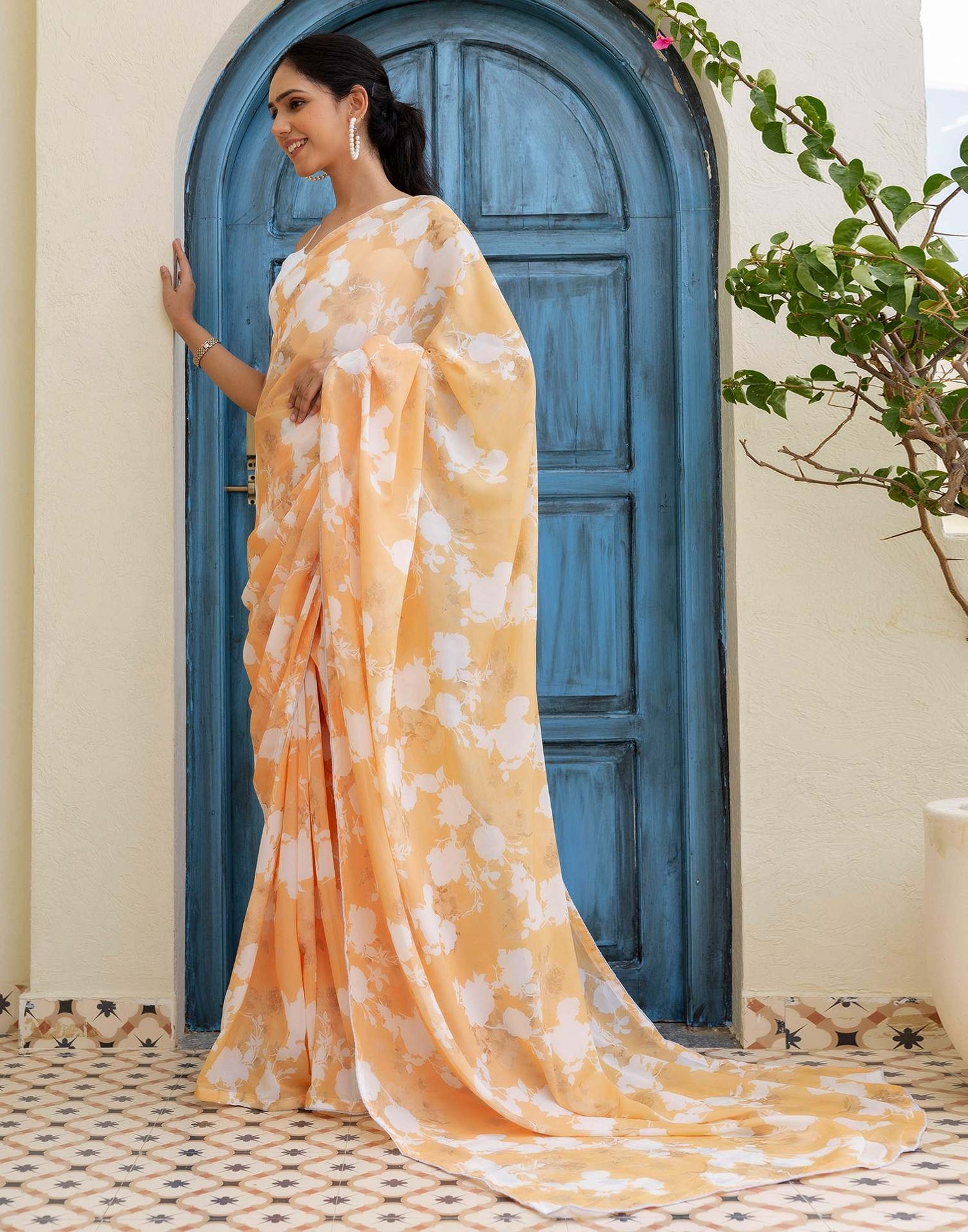 Ready To Wear Yellow Georgette Printed Saree