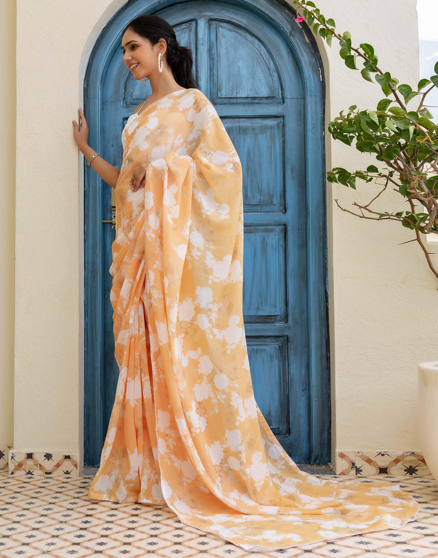 Ready To Wear Yellow Georgette Printed Saree