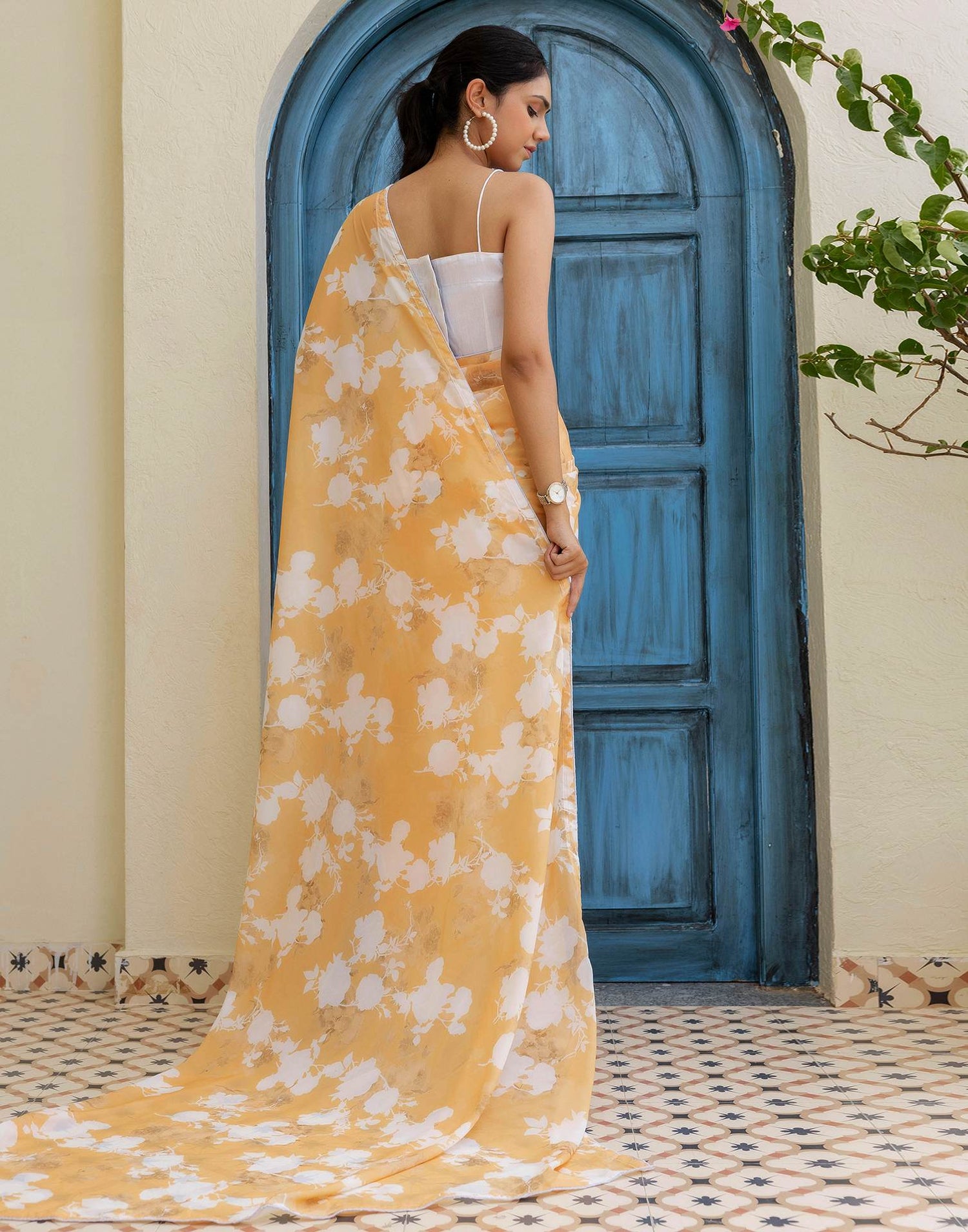Ready To Wear Yellow Georgette Printed Saree