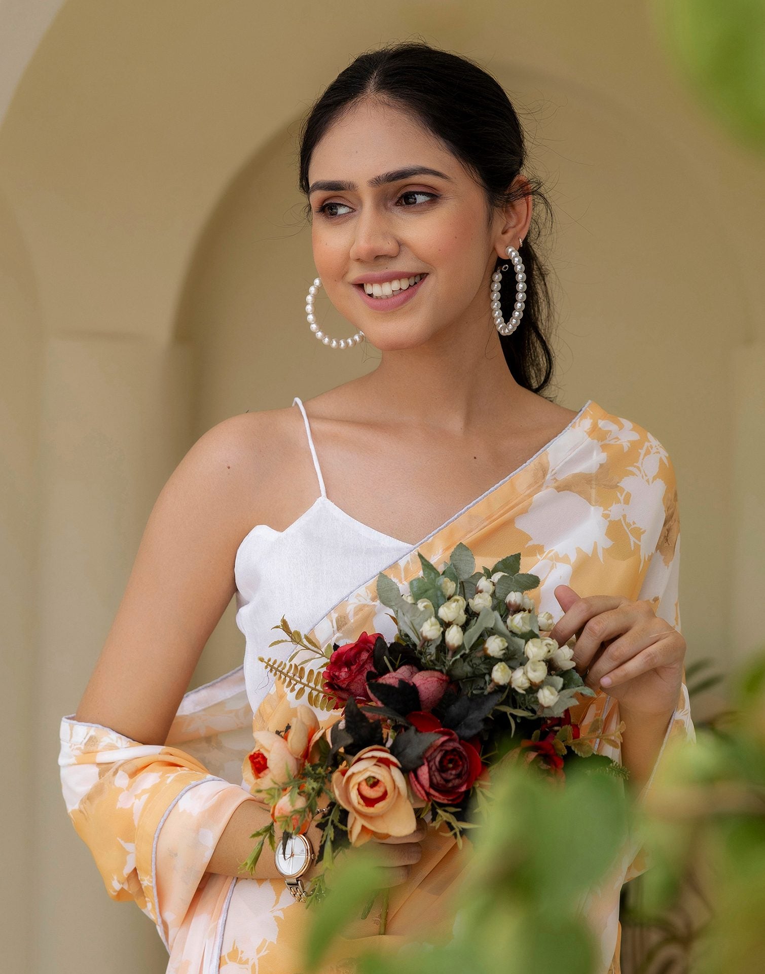 Ready To Wear Yellow Georgette Printed Saree