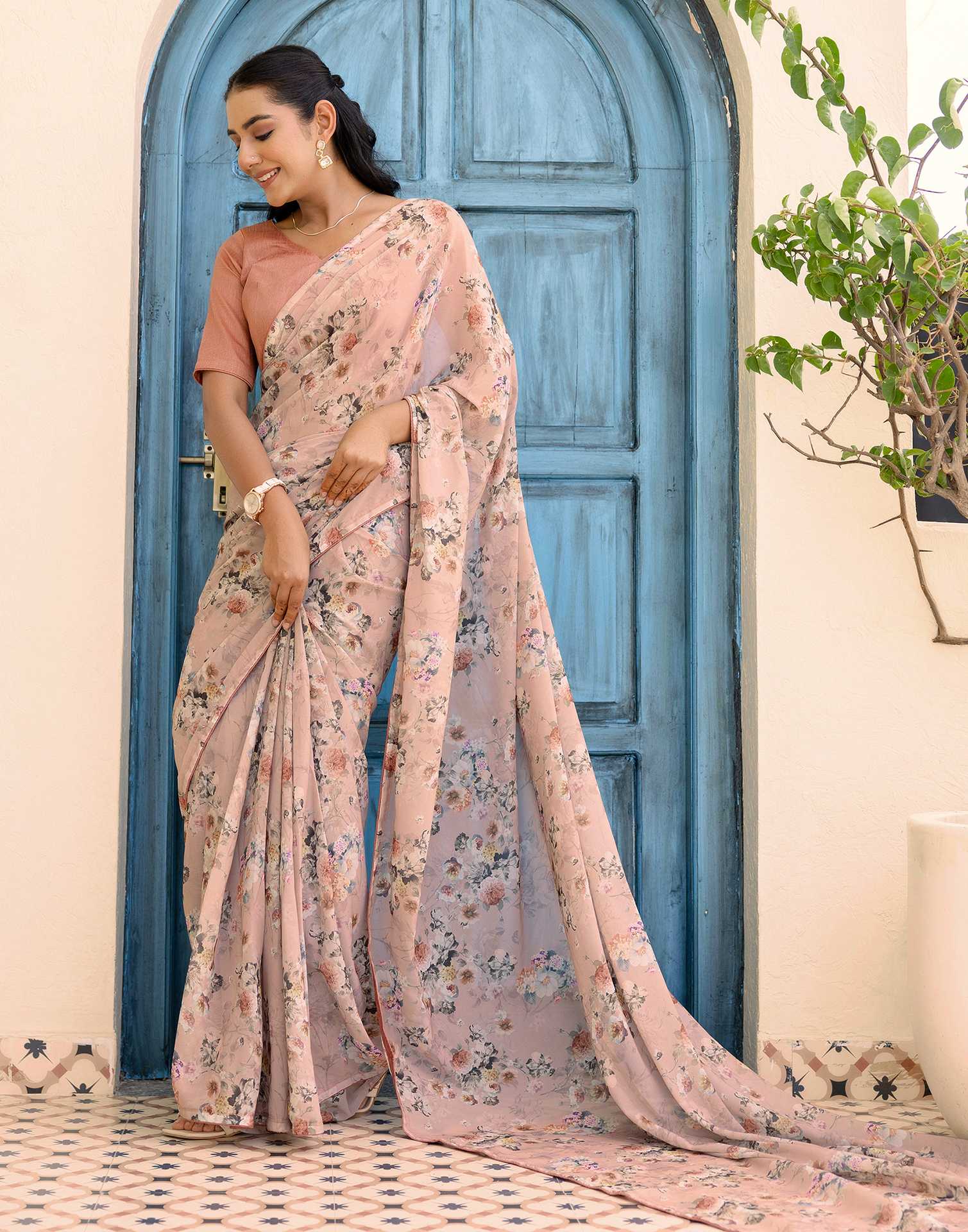 Ready To Wear Multicoloured Georgette Floral Printed Saree
