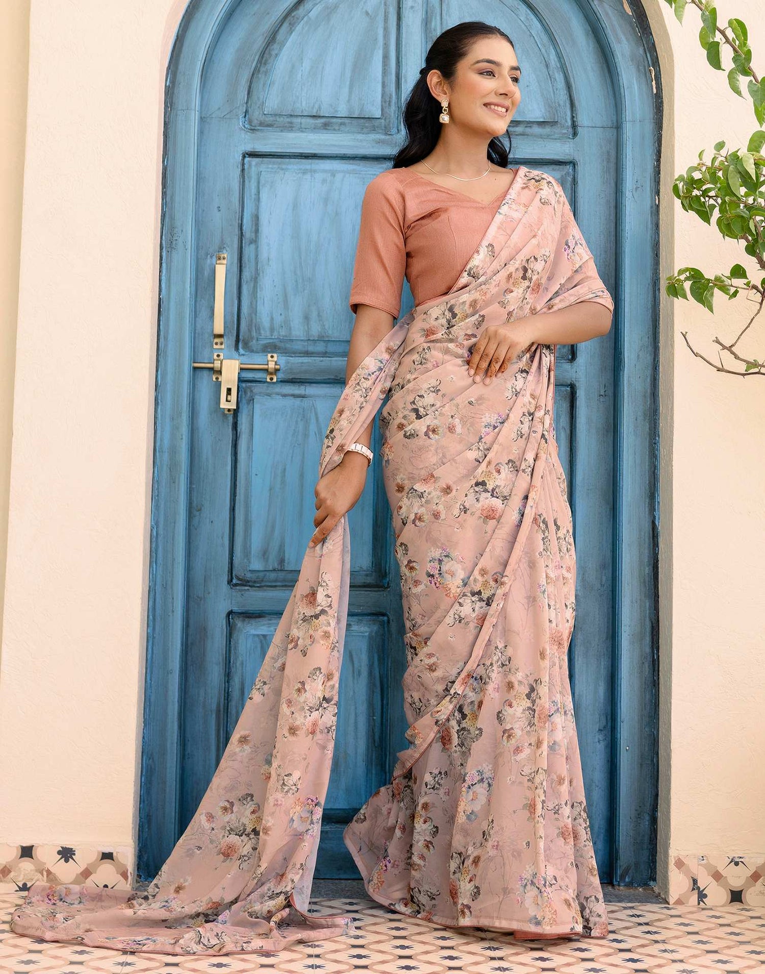 Ready To Wear Multicoloured Georgette Floral Printed Saree