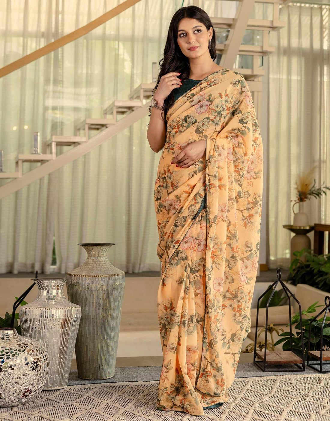 Ready To Wear Multicoloured Georgette Floral Printed Saree