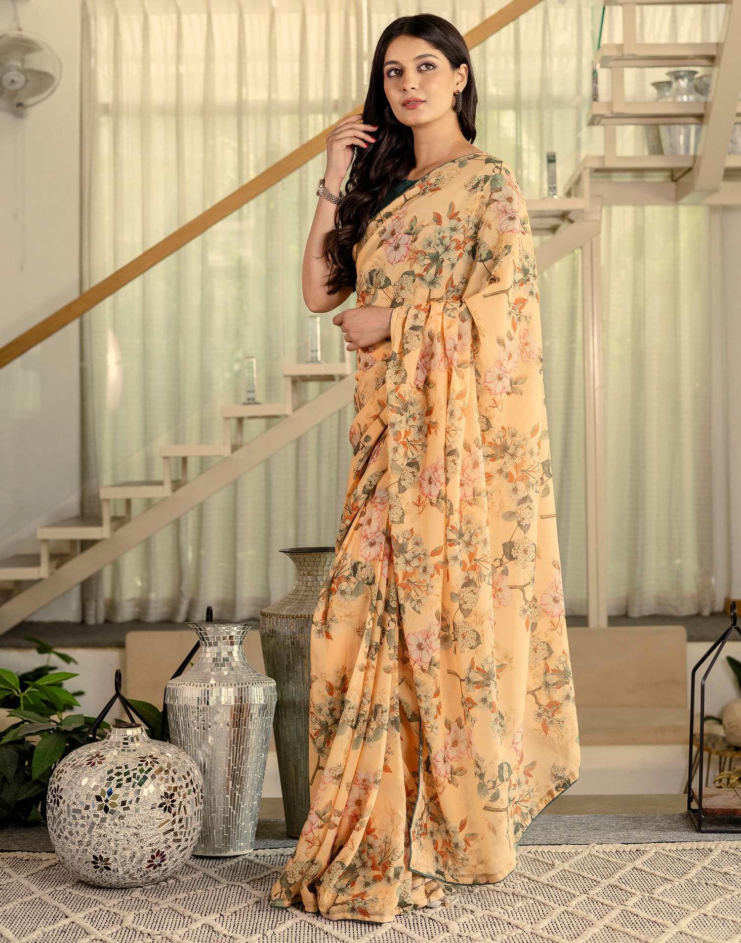 Ready To Wear Multicoloured Georgette Floral Printed Saree