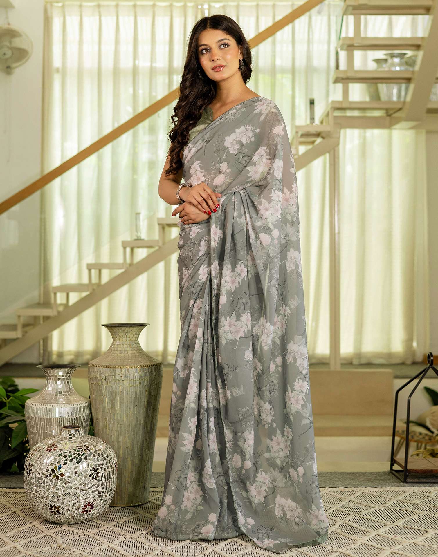 Ready To Wear Multicoloured Georgette Floral Printed Saree