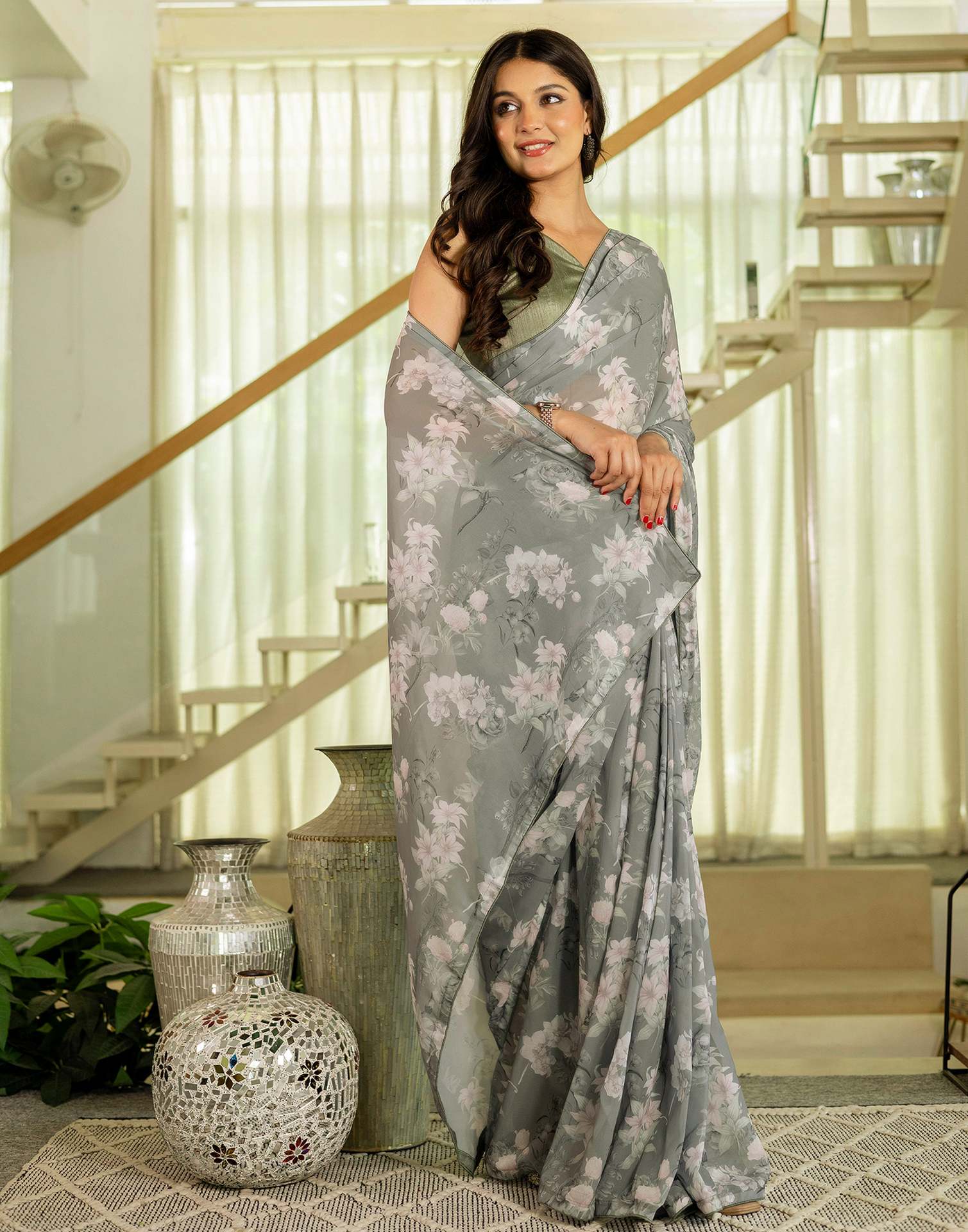 Ready To Wear Multicoloured Georgette Floral Printed Saree