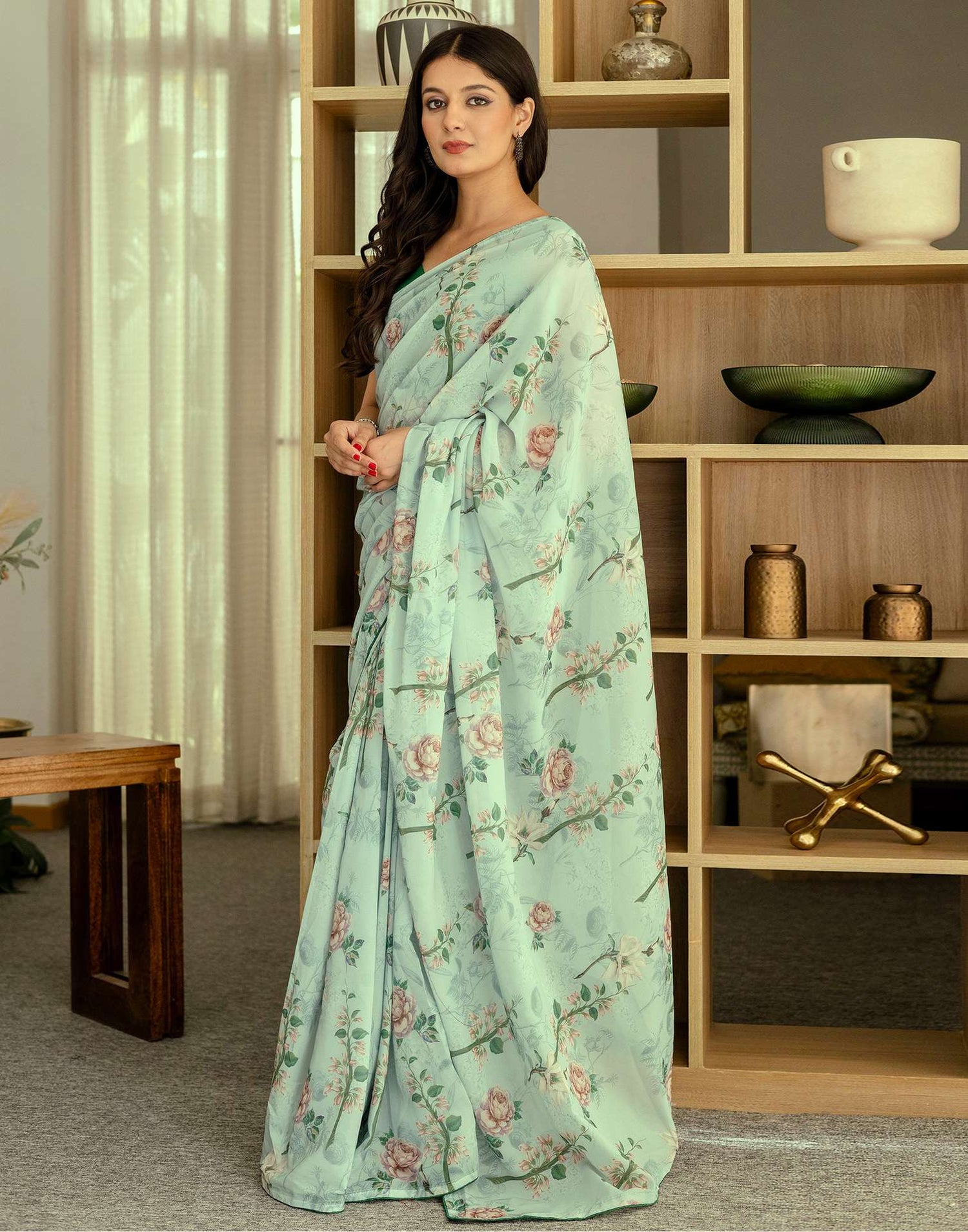 Ready To Wear Multicoloured Georgette Floral Printed Saree