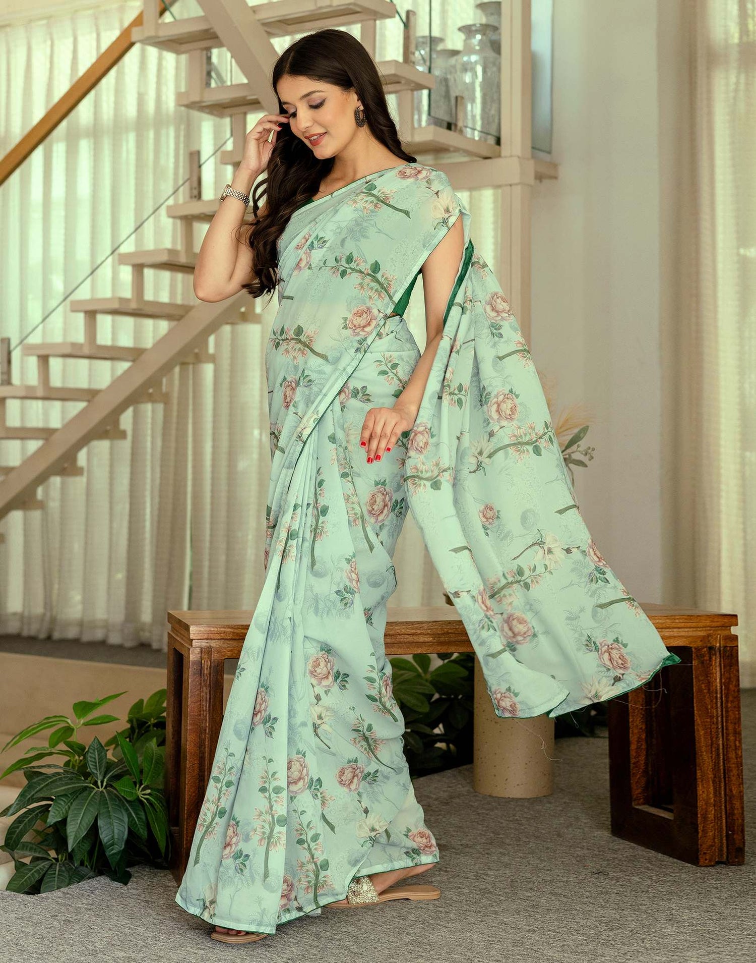 Ready To Wear Multicoloured Georgette Floral Printed Saree