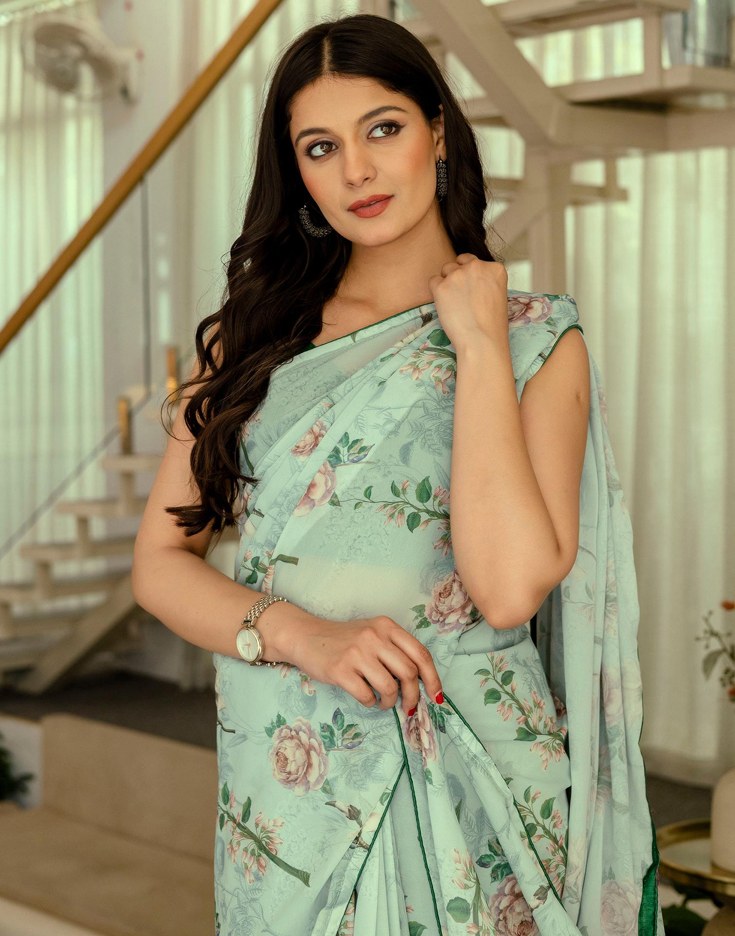 Ready To Wear Multicoloured Georgette Floral Printed Saree