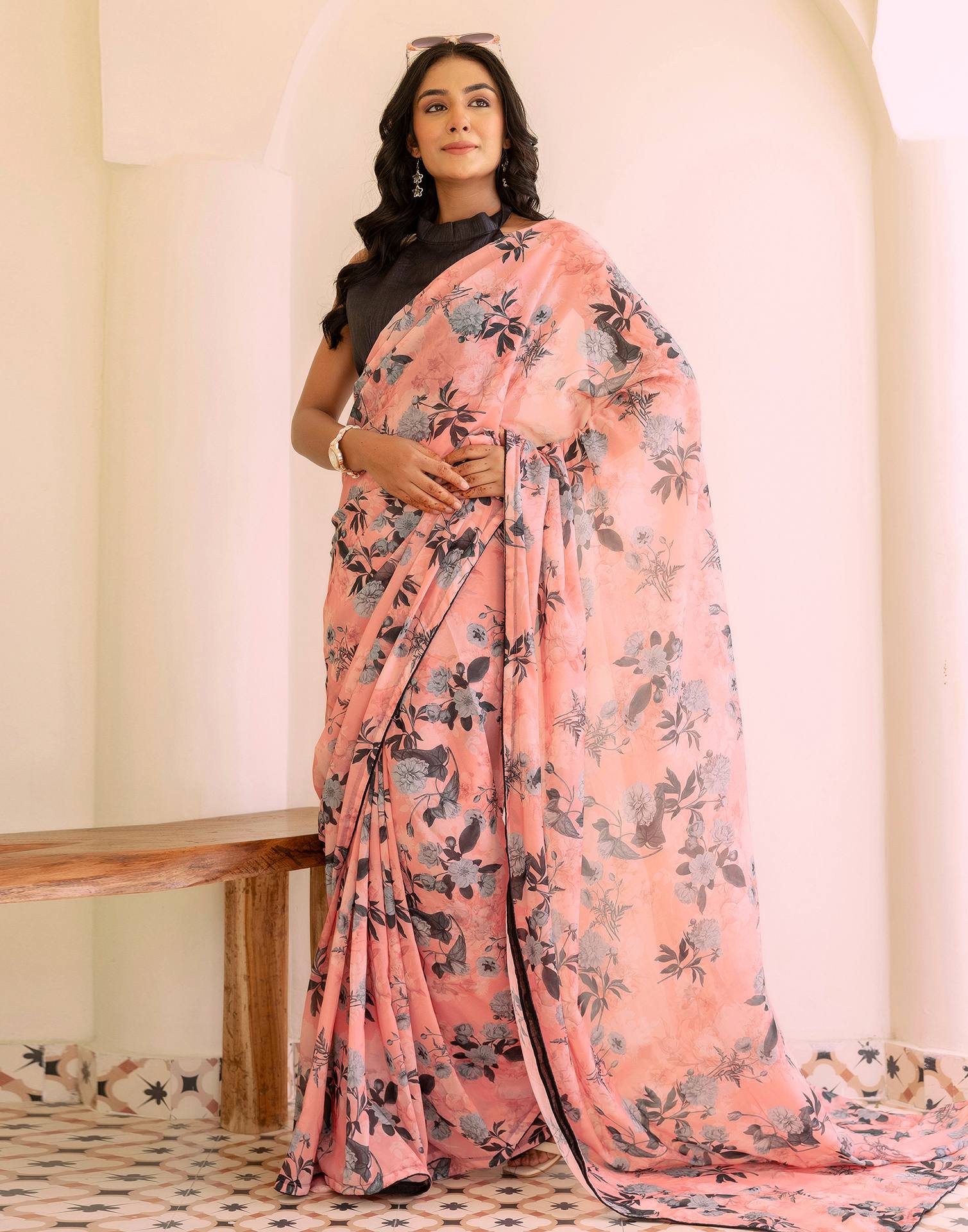 Ready To Wear Grey Georgette Floral Printed Saree
