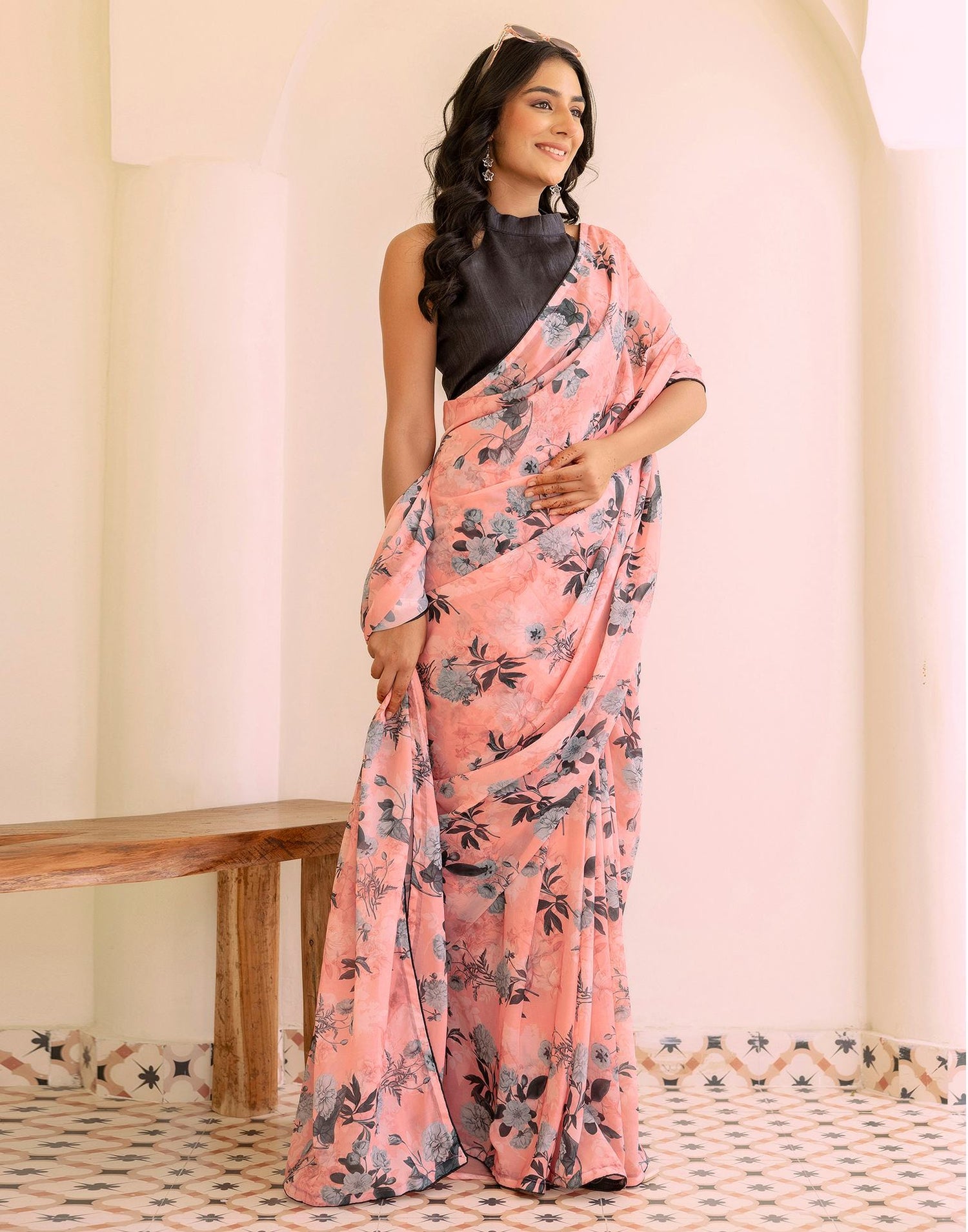 Ready To Wear Grey Georgette Floral Printed Saree