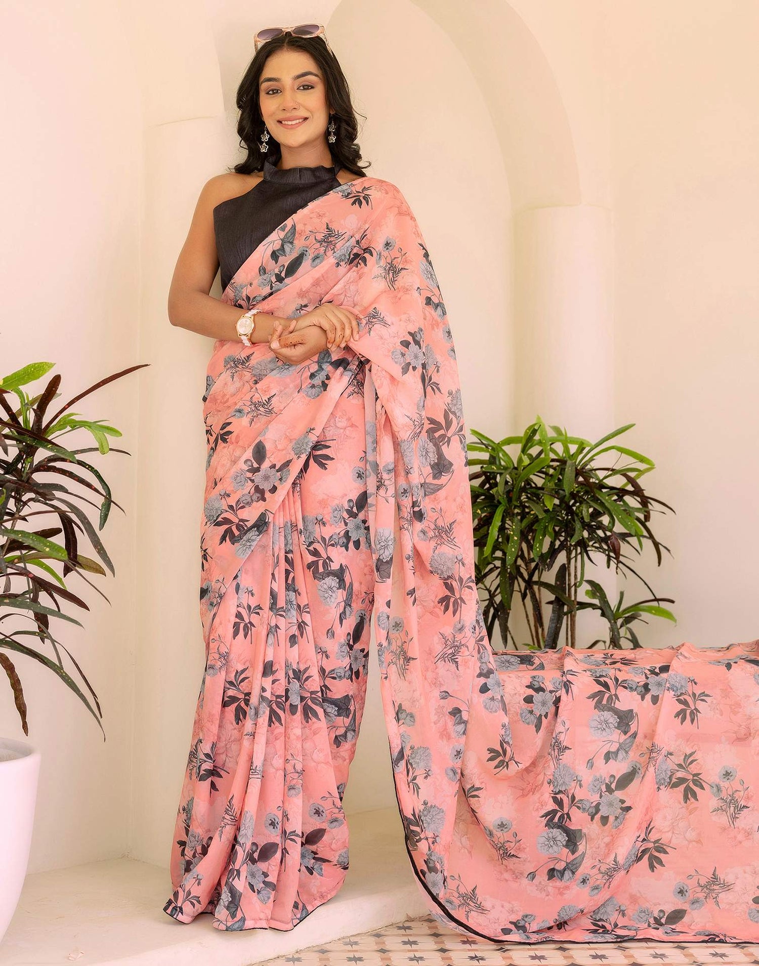 Ready To Wear Grey Georgette Floral Printed Saree