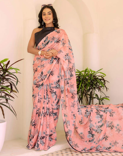 Ready To Wear Grey Georgette Floral Printed Saree