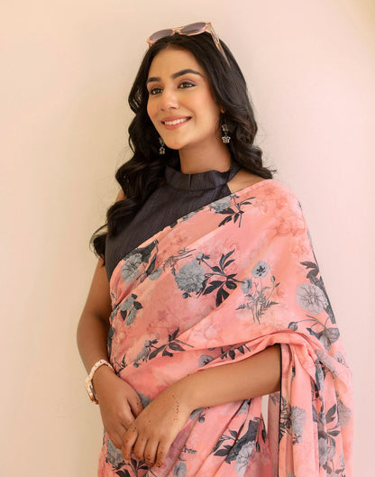 Ready To Wear Grey Georgette Floral Printed Saree