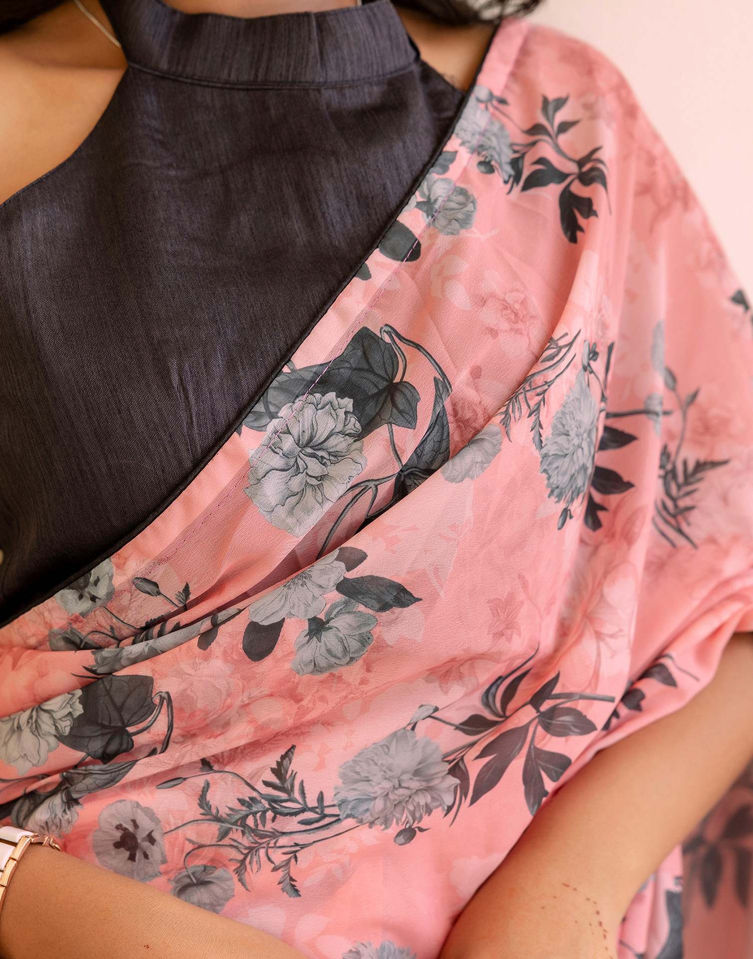 Ready To Wear Grey Georgette Floral Printed Saree