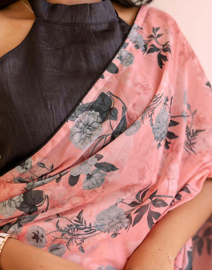 Ready To Wear Grey Georgette Floral Printed Saree