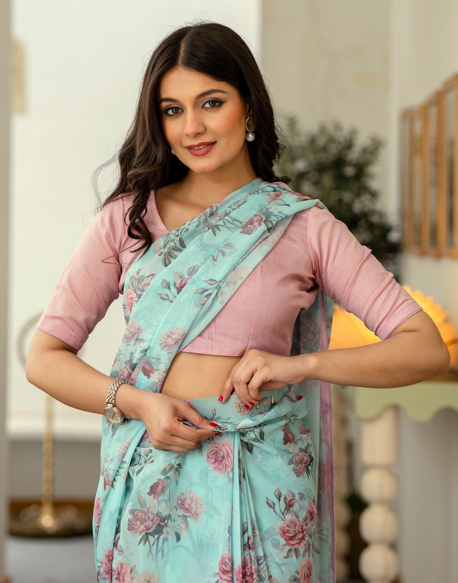 Ready To Wear Turquoise Georgette Floral Printed Saree
