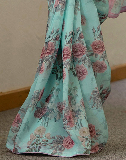 Ready To Wear Turquoise Georgette Floral Printed Saree