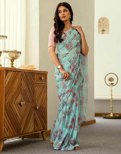Ready To Wear Turquoise Georgette Floral Printed Saree