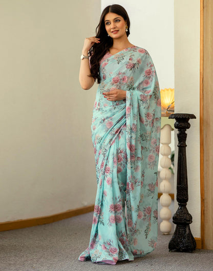 Ready To Wear Turquoise Georgette Floral Printed Saree