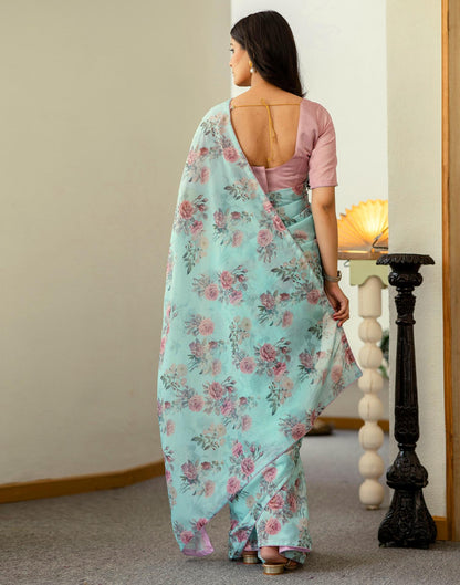 Ready To Wear Turquoise Georgette Floral Printed Saree