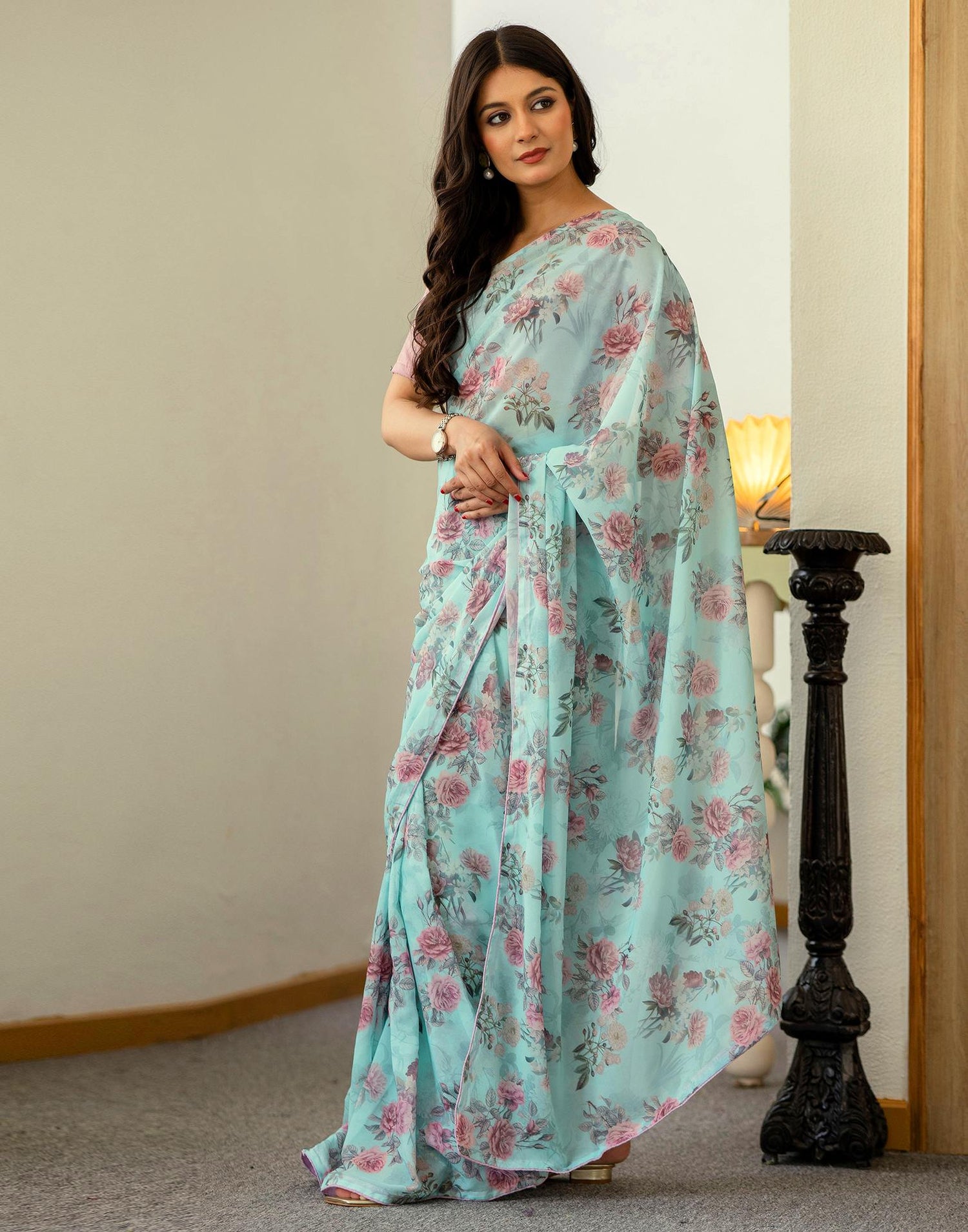 Ready To Wear Turquoise Georgette Floral Printed Saree