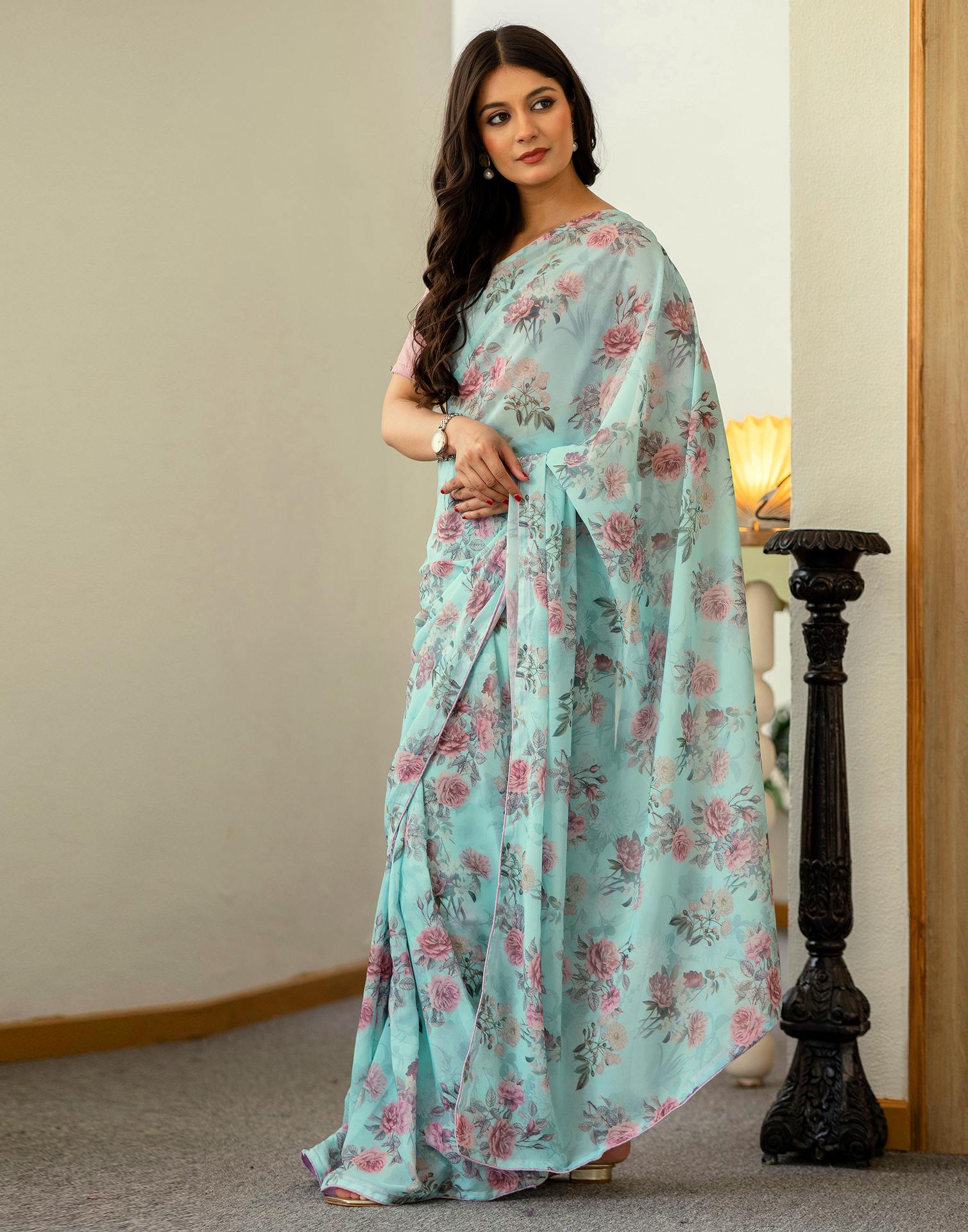 Ready To Wear Turquoise Georgette Floral Printed Saree
