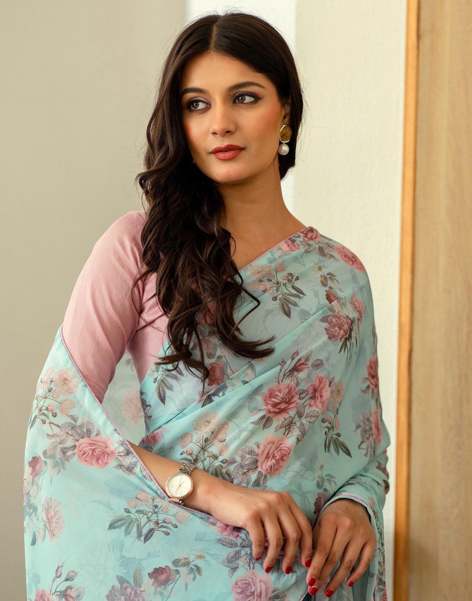 Ready To Wear Turquoise Georgette Floral Printed Saree