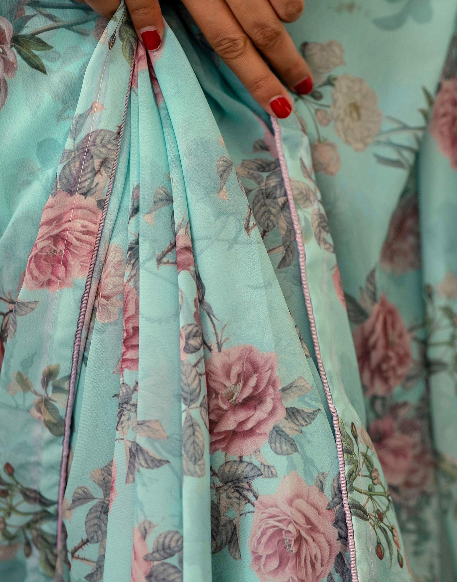 Ready To Wear Turquoise Georgette Floral Printed Saree