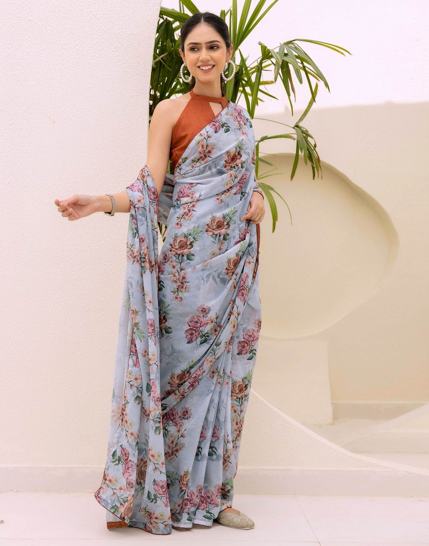 Ready To Wear Multicoloured Georgette Floral Printed Saree