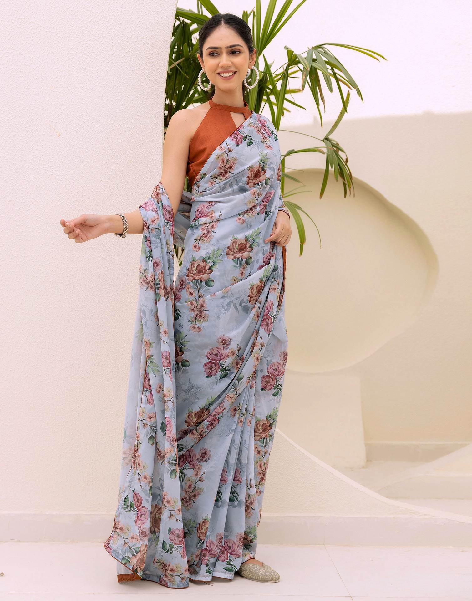 Ready To Wear Multicoloured Georgette Floral Printed Saree