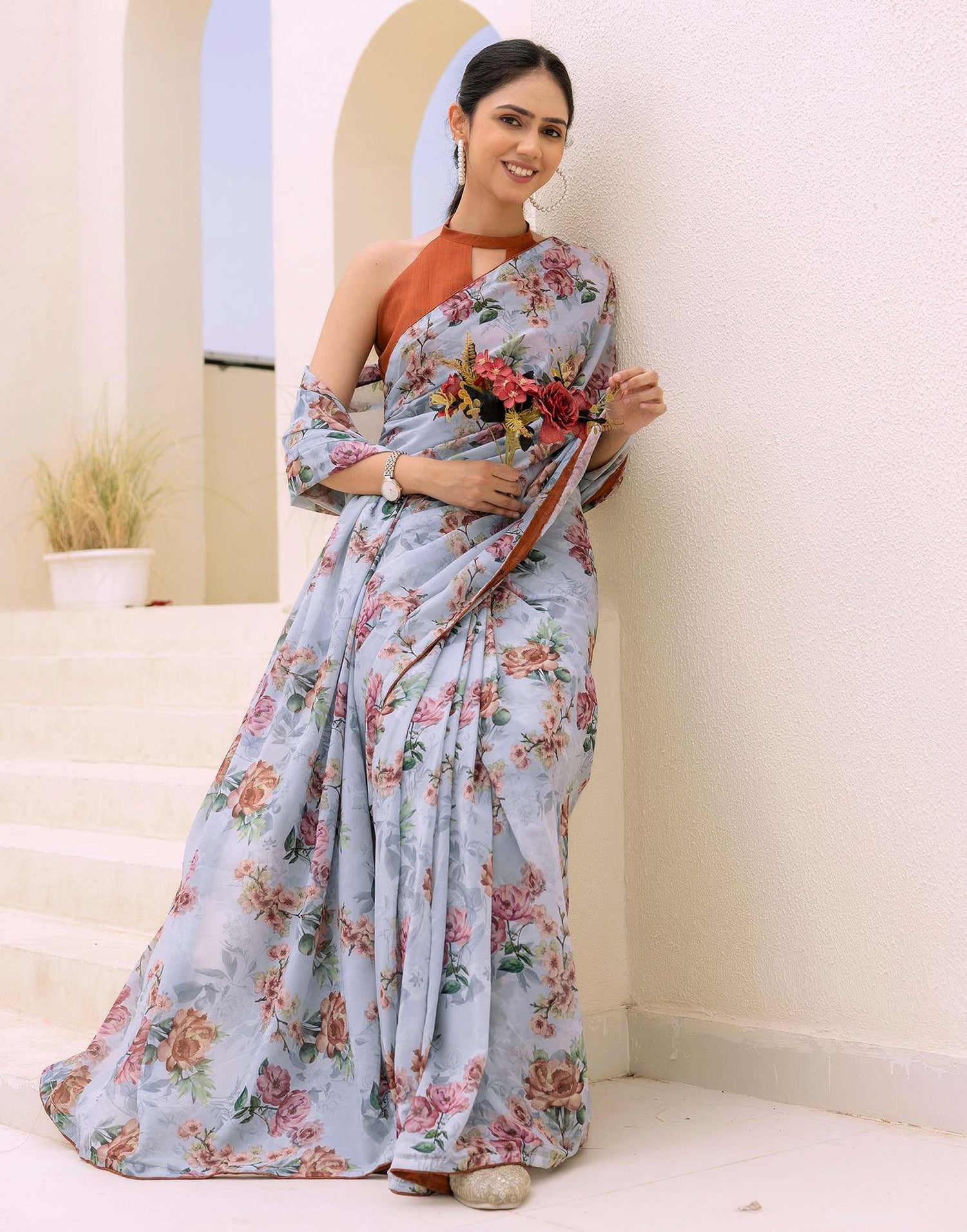 Ready To Wear Multicoloured Georgette Floral Printed Saree