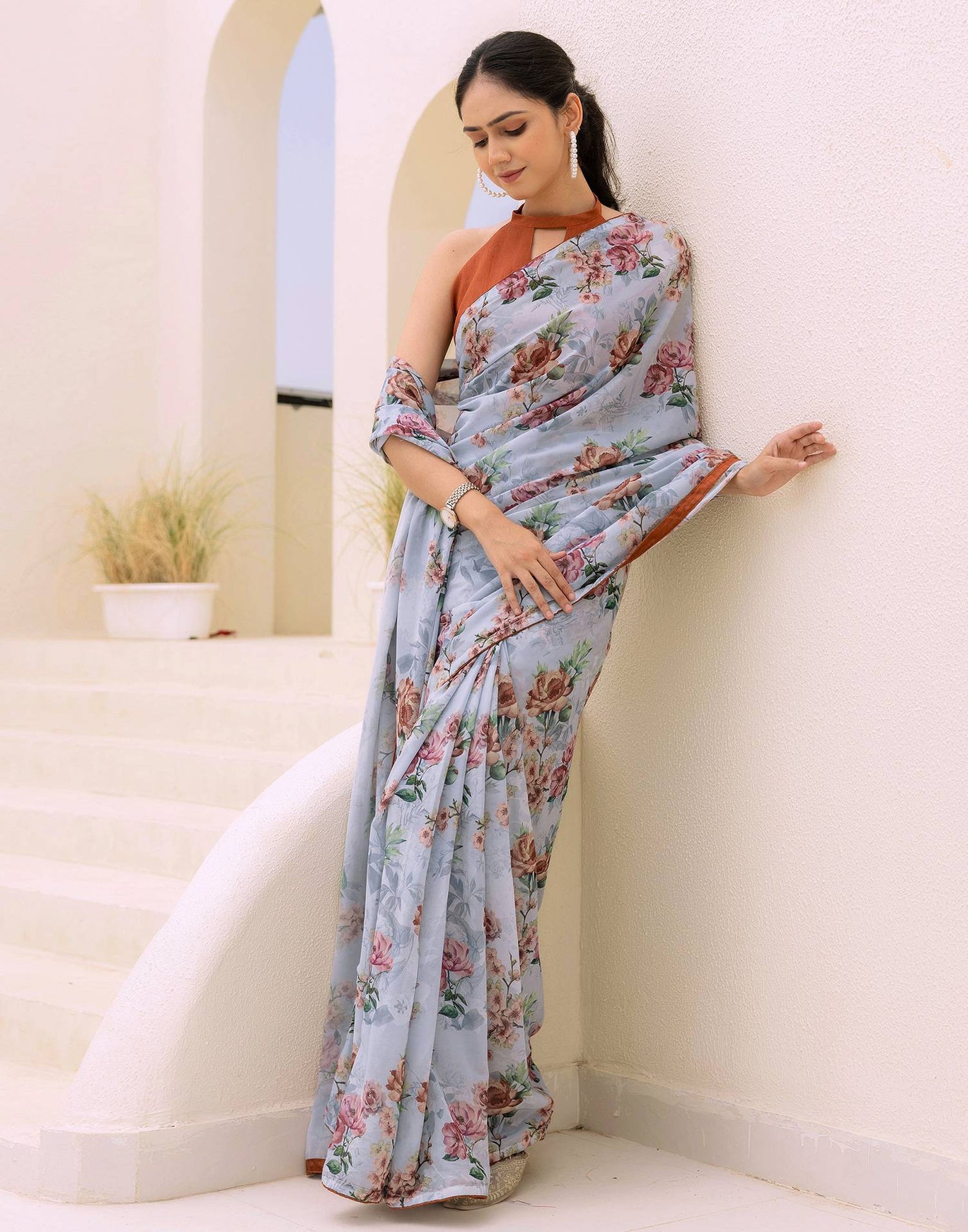 Ready To Wear Multicoloured Georgette Floral Printed Saree