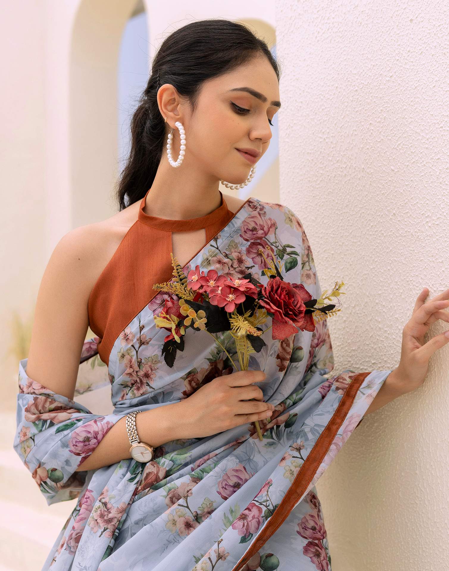 Ready To Wear Multicoloured Georgette Floral Printed Saree
