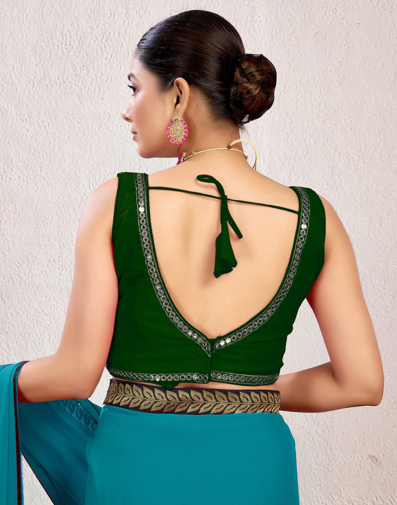 Dark Green Silk Plain Mirror Work Blouse