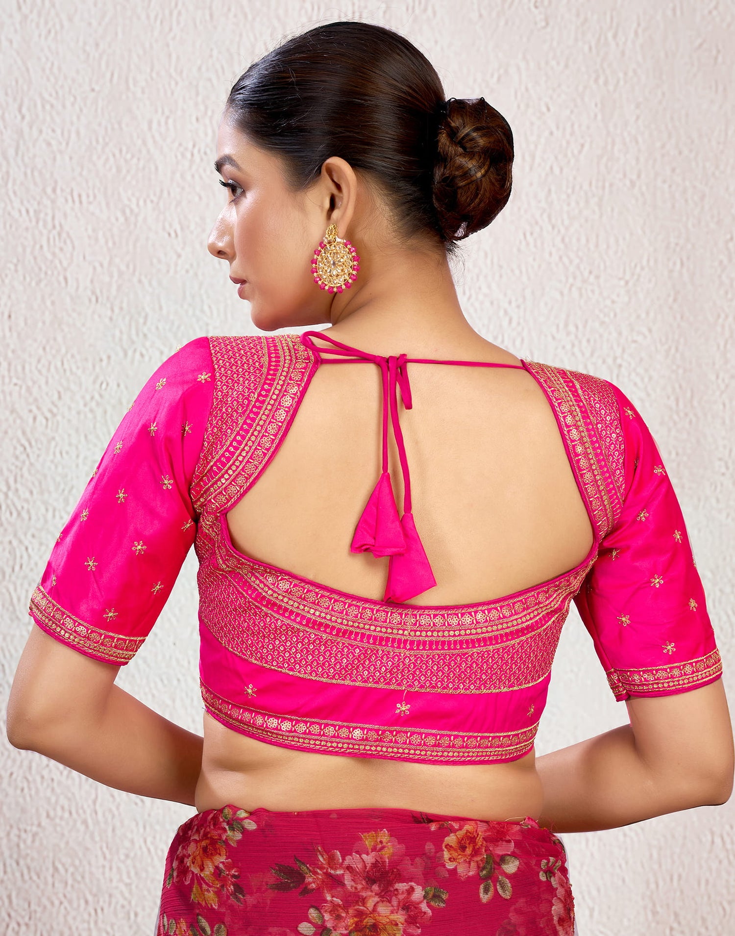 Bright Pink Silk Plain Embroidery Blouse