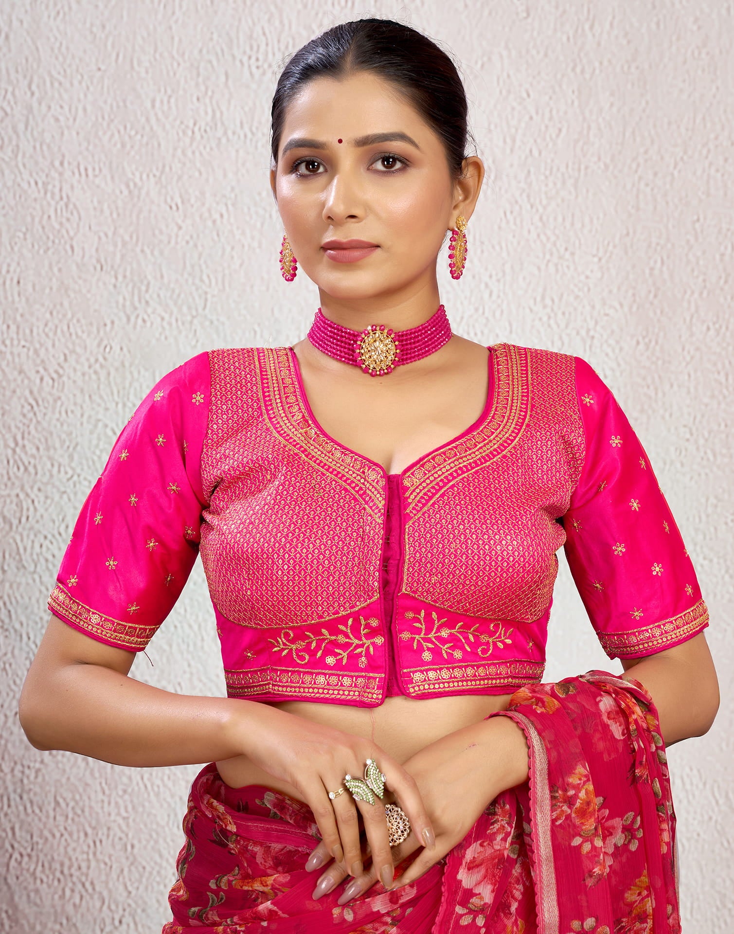 Bright Pink Silk Plain Embroidery Blouse