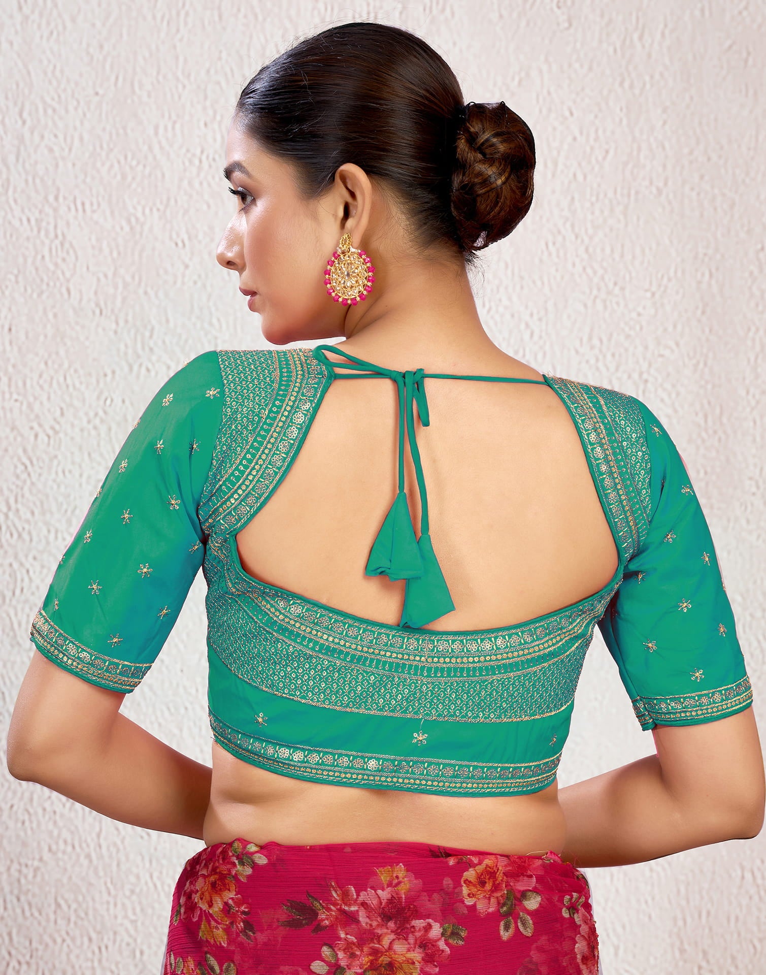 Teal Green Silk Plain Embroidery Blouse