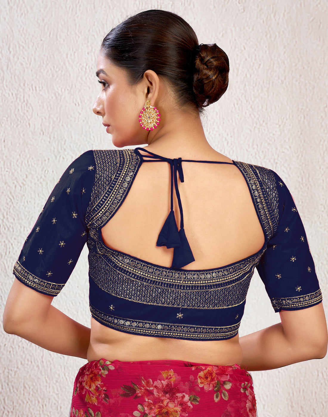 Navy Blue Silk Plain Embroidery Blouse