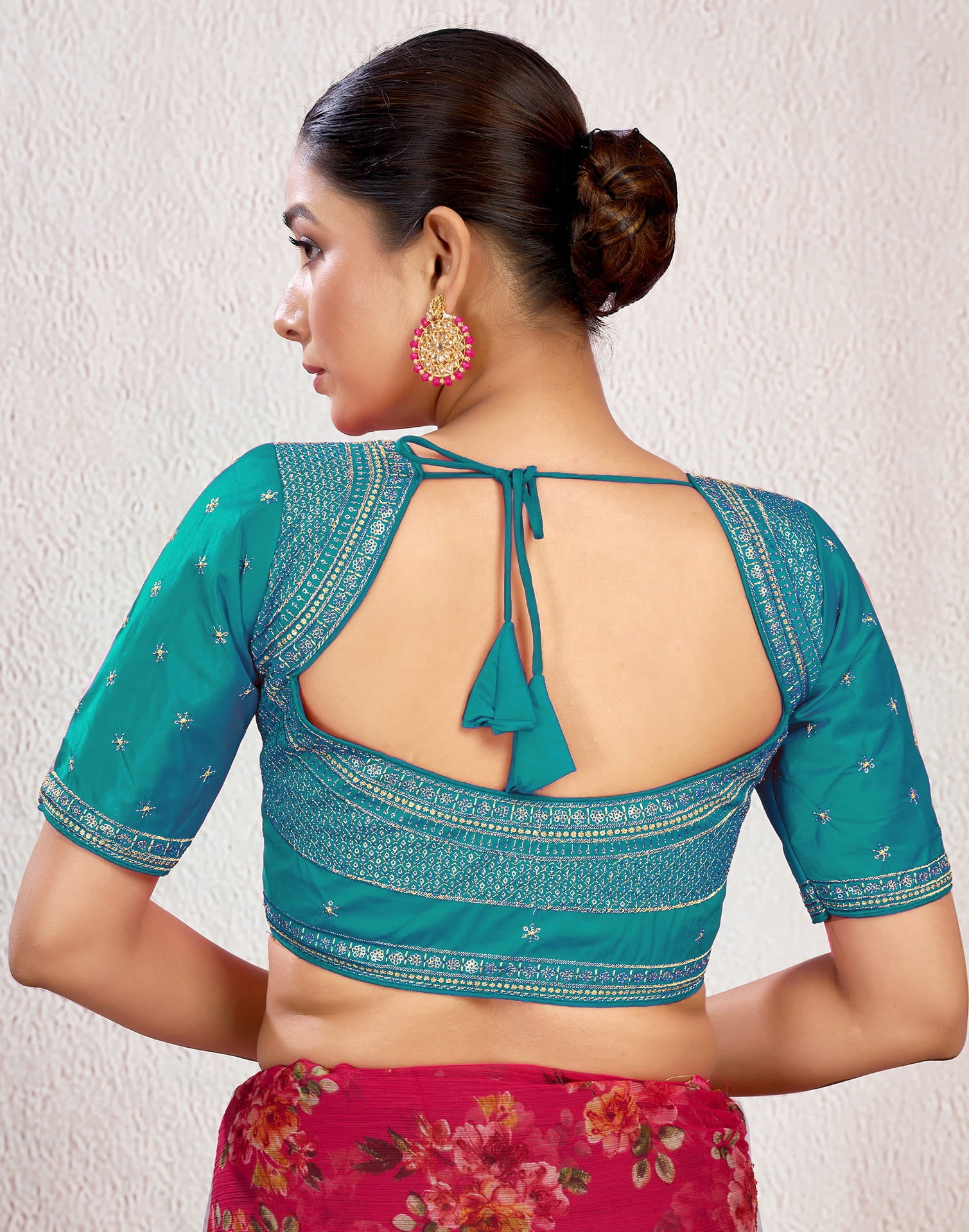 Teal Blue Silk Plain Embroidery Blouse