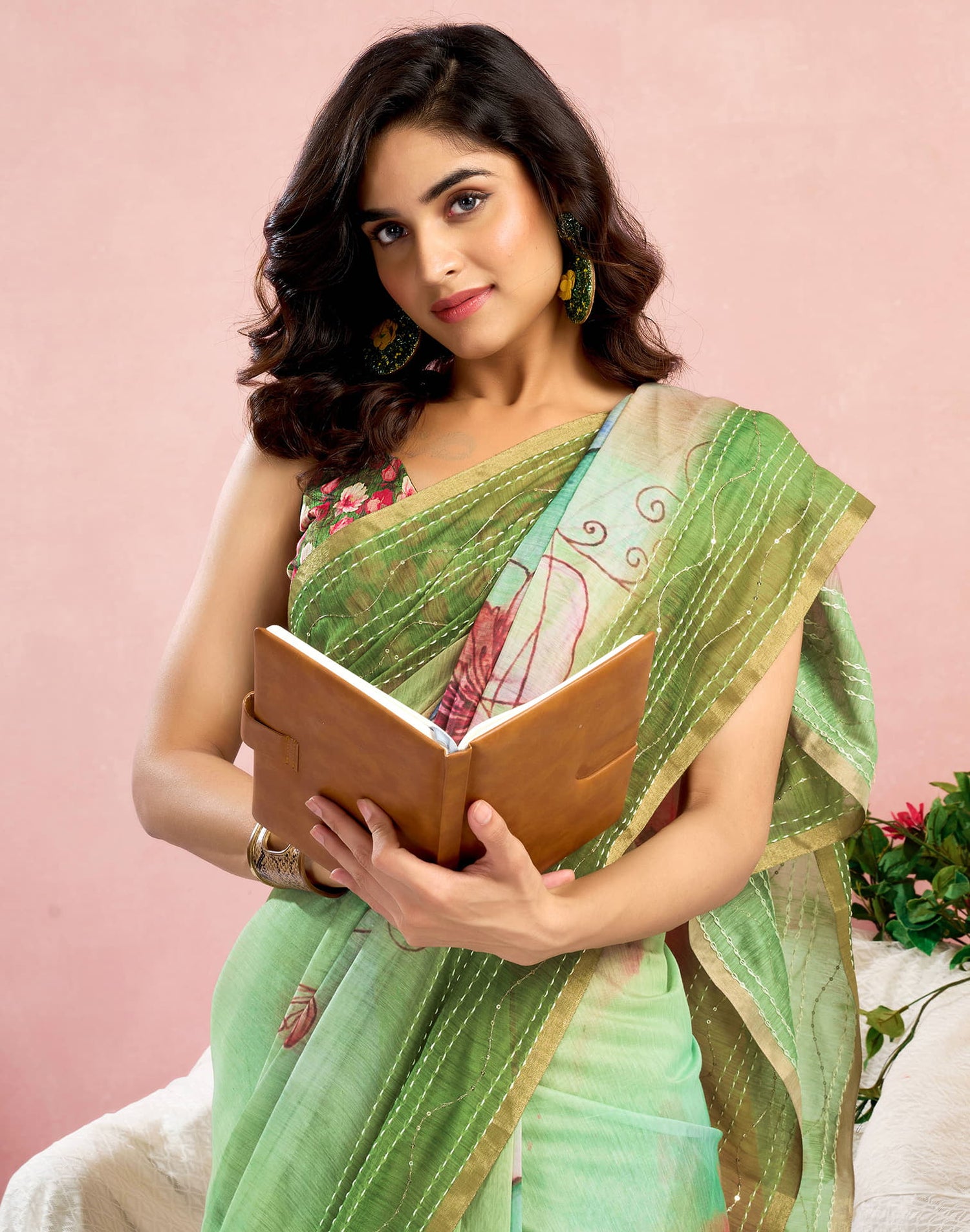Ready To Wear Green Chanderi Embroidery Floral Printed Saree