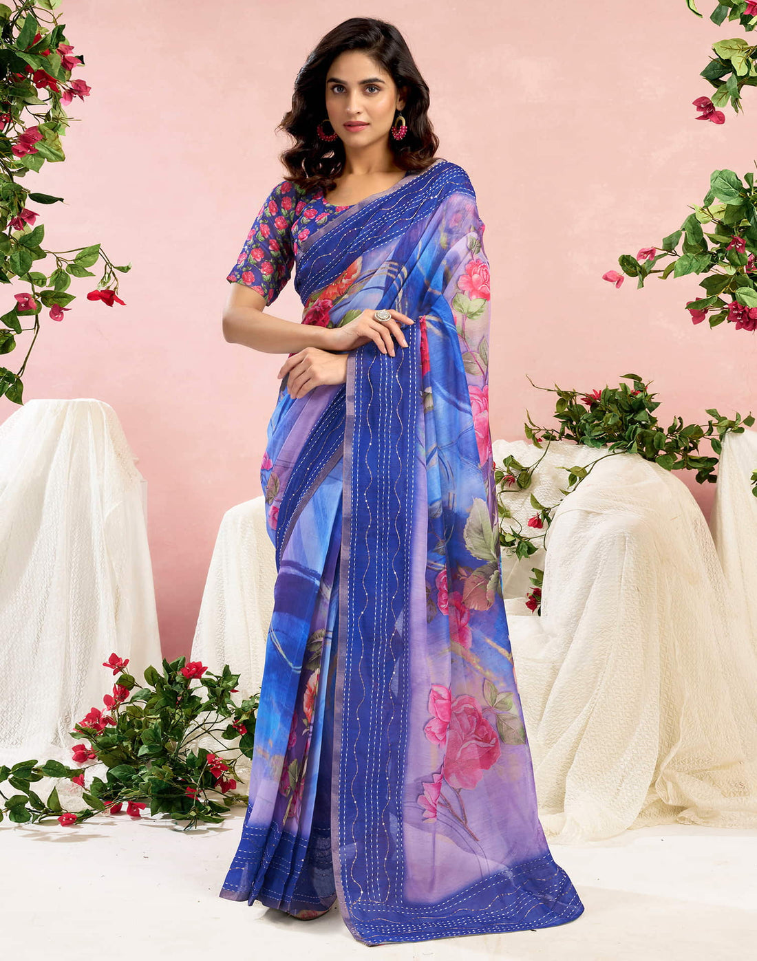 Ready To Wear Blue Chanderi Embroidery Floral Printed Saree