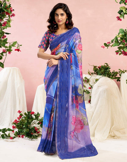 Ready To Wear Blue Chanderi Embroidery Floral Printed Saree